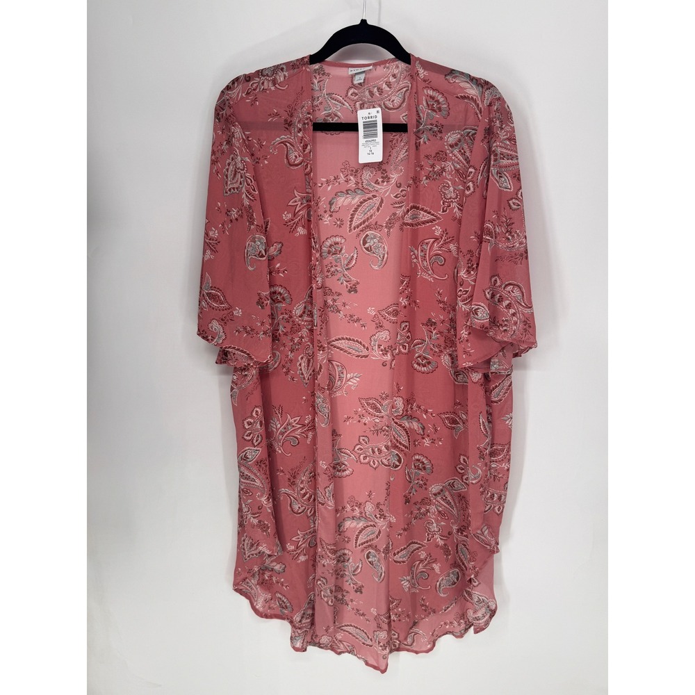 Torrid Kimono Womens 1X Coral NWT Textured Chiffon Sweetheart Paisley Open Front